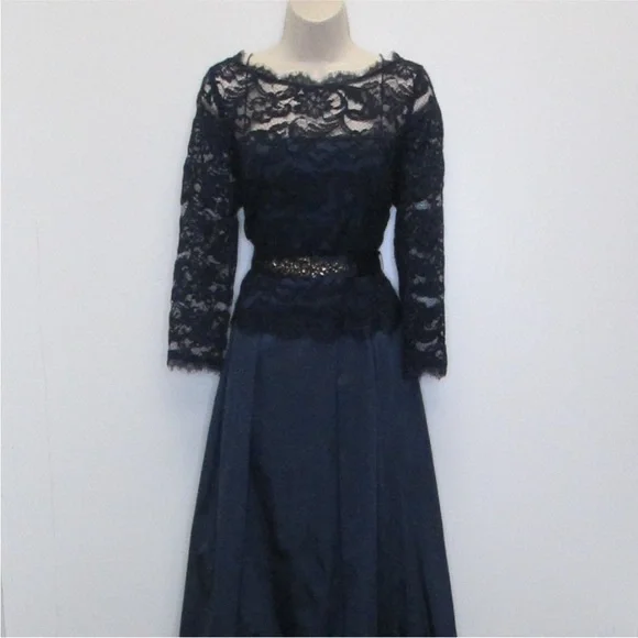 Adrianna Papell Navy Lace Long-Sleeve Gown - Picture 2 of 12